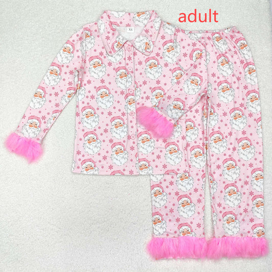 RTS NO MOQ ETA 5/7days Arrived GLP1901 Adult female Santa Claus snowflake pink plush edge long-sleeved trousers pajamas set