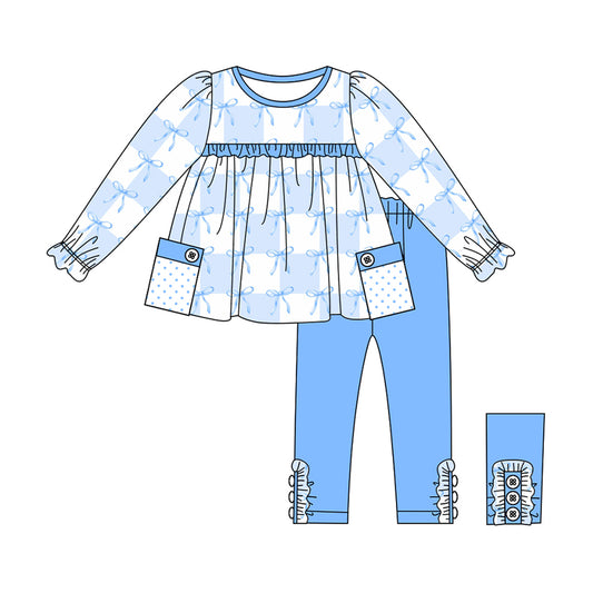 NO MOQ sales GLP1903 pre-order baby girls clothes Christmas blue long Sleeve pants Suit -2024.8.31