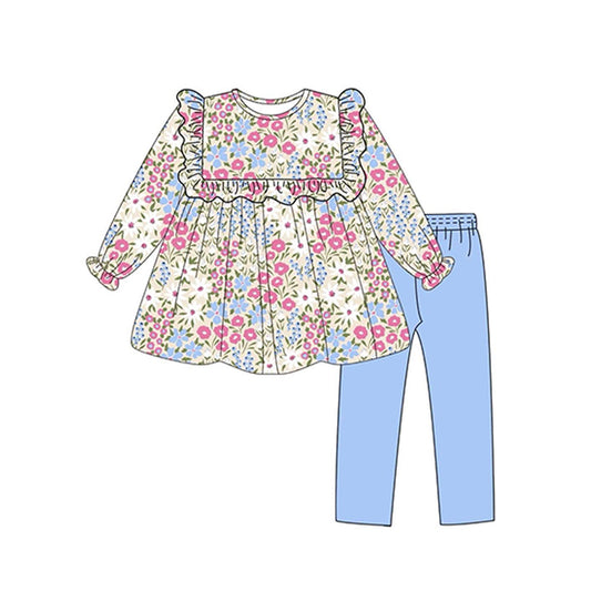 NO MOQ sales GLP1926 pre-order baby girls clothes floral blue long Sleeve pants Suit -2024.9.3