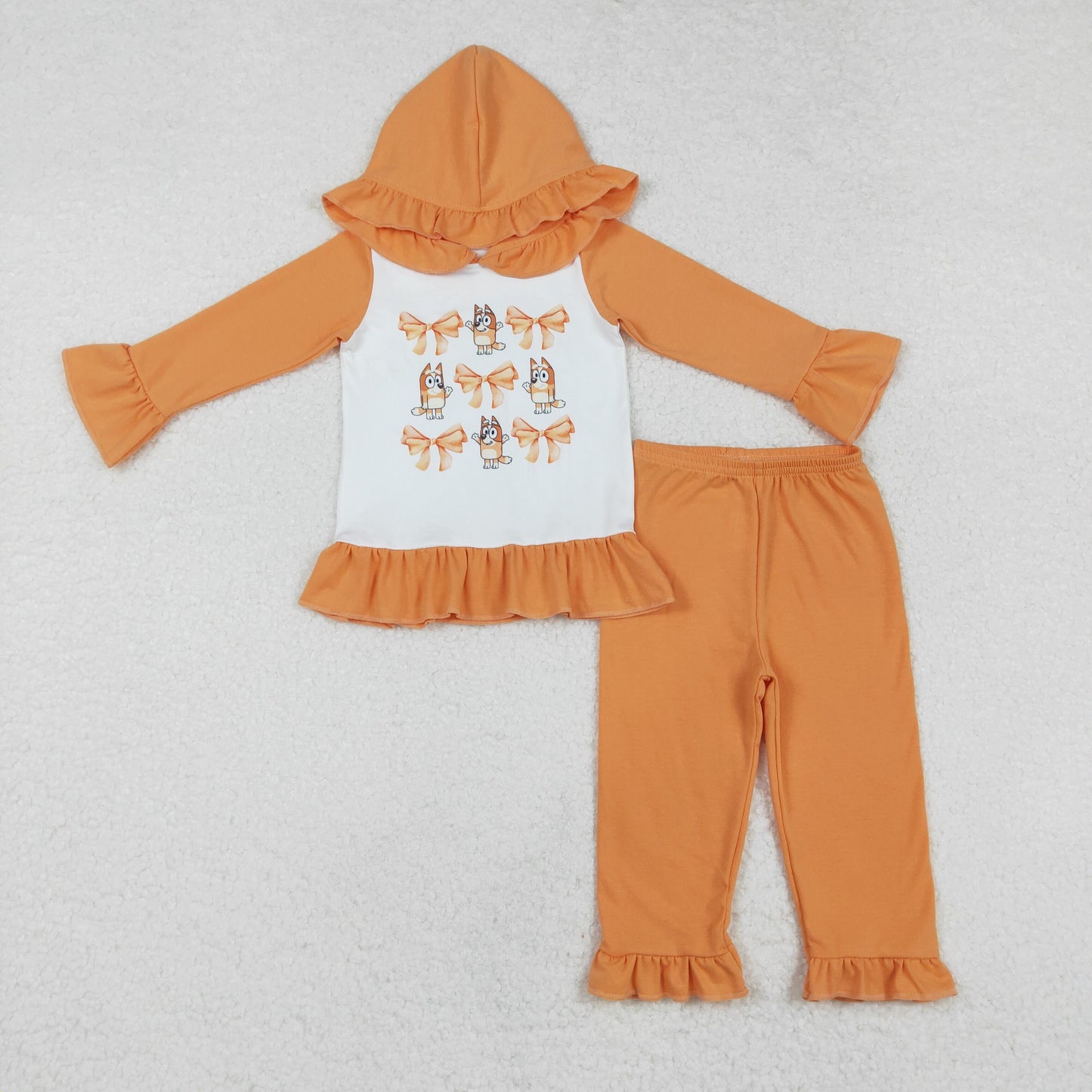 RTS NO MOQ ETA 5/7days Arrived GLP1948 Bluey bow pattern orange lace hooded long-sleeved trousers set