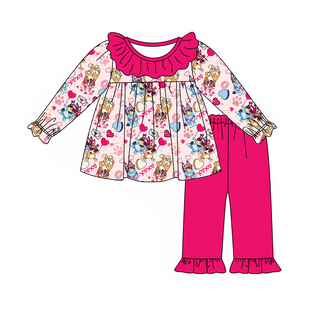 NO MOQ sales GLP1966 pre-order baby girls clothes cartoon dog xoxo rose red long Sleeve pants Suit -2024.9.9