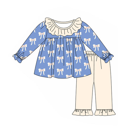 NO MOQ sales GLP1972 pre-order baby girls clothes bow blue long Sleeve pants Suit -2024.9.9