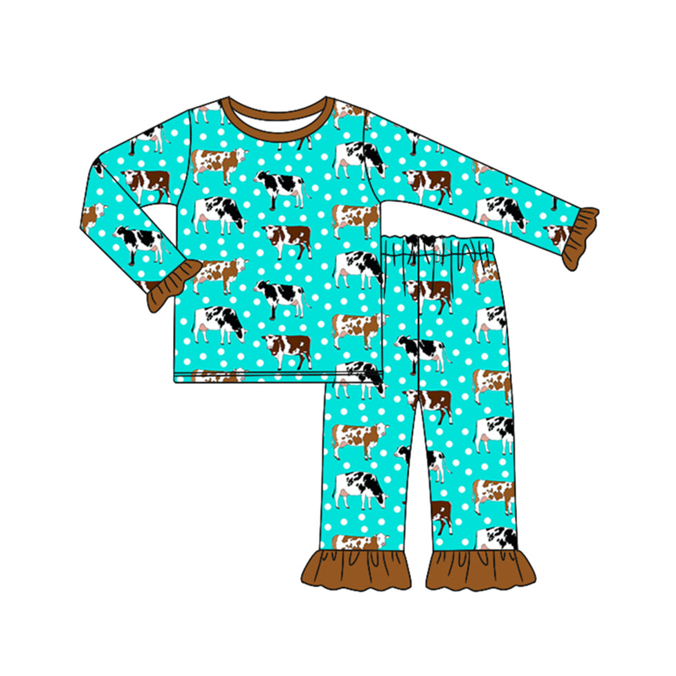 NO MOQ sales GLP1974 pre-order baby girls clothes cow blue and green long Sleeve pants Suit -2024.9.10