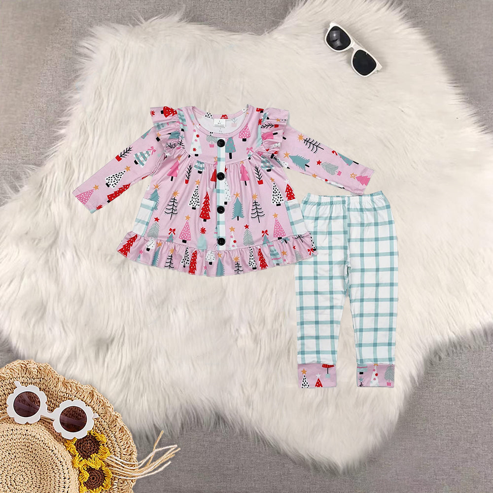 RTS NO MOQ Sibling Baby Girls Christmas trees Long Sleeve Pants Set