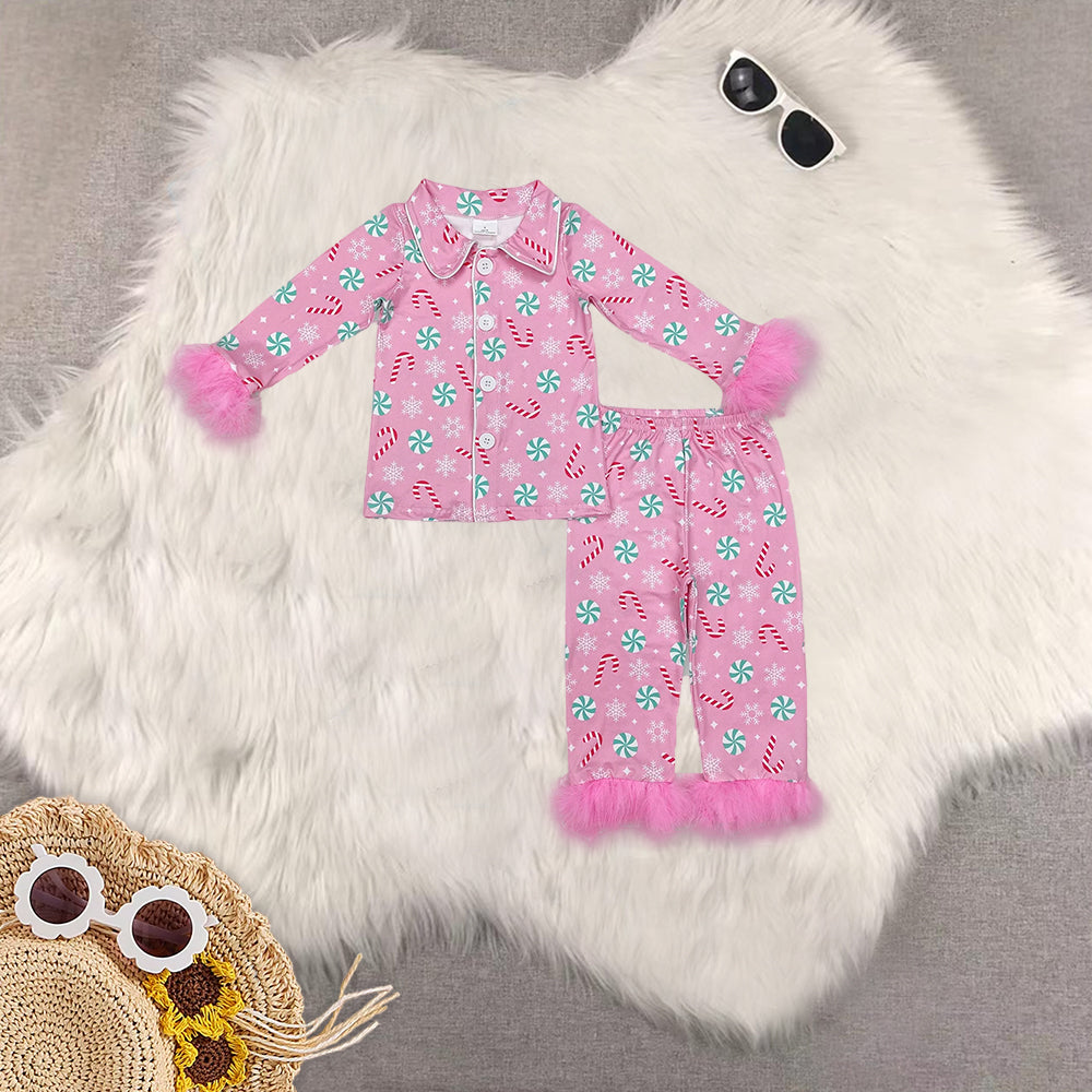RTS NO MOQ Baby Girls and adults women Christmas Striped Candy Cane-Candy Pink Plush Button Long Sleeve Long Pants Pajama Set