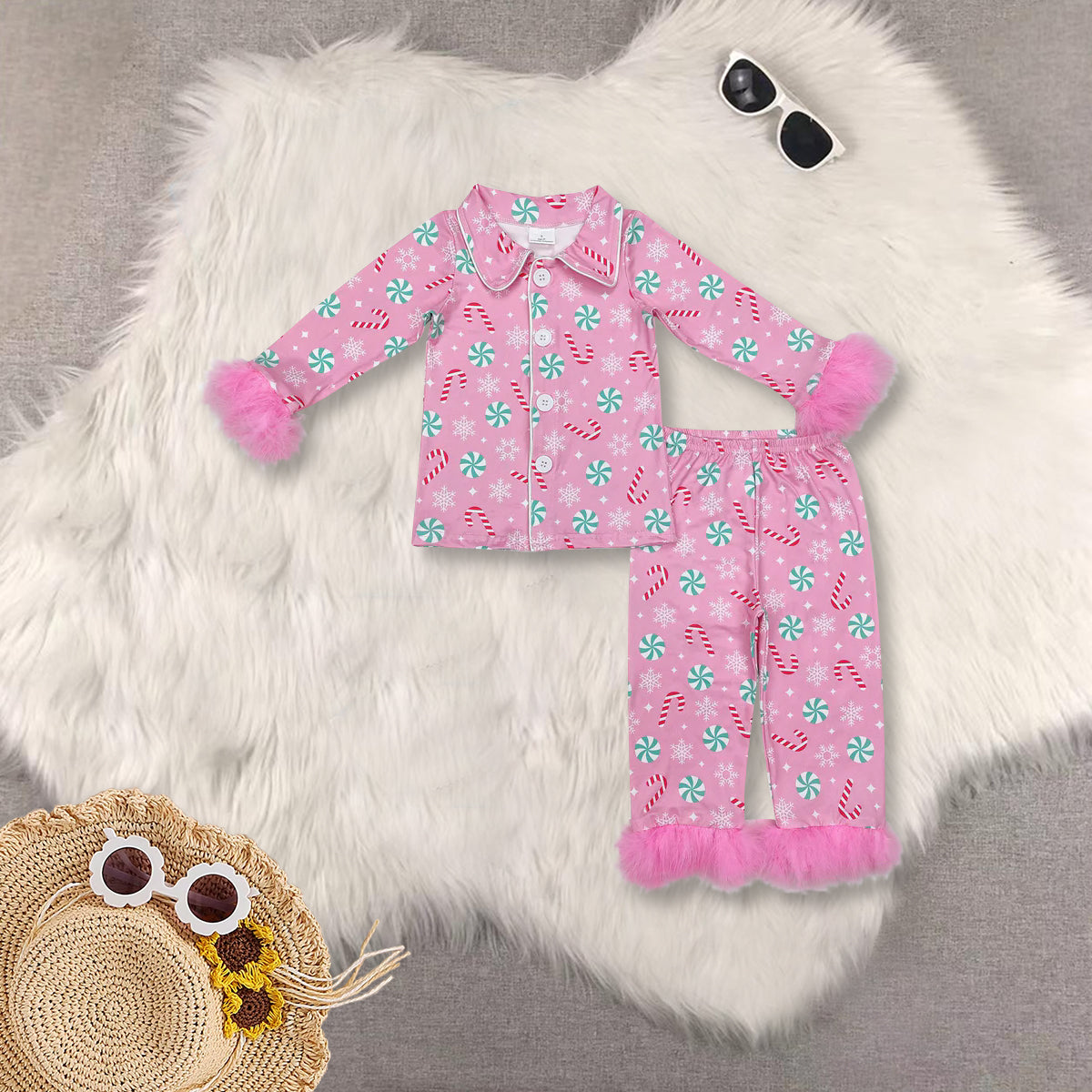 RTS NO MOQ Sibling Baby Girls clothes Christmas Plush Button Long Sleeve Long Pants Pajama Sets