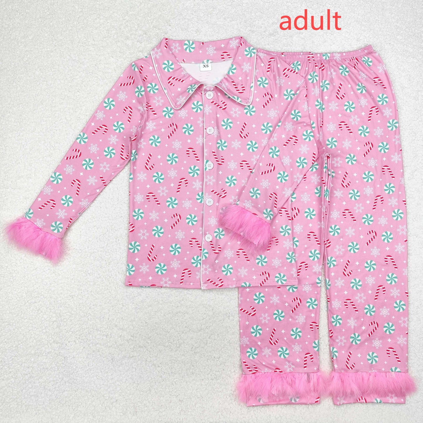 RTS NO MOQ ETA 5/7days Arrived GLP2028 Adult female cane snowflake pink plush edge long sleeve trousers pajamas set