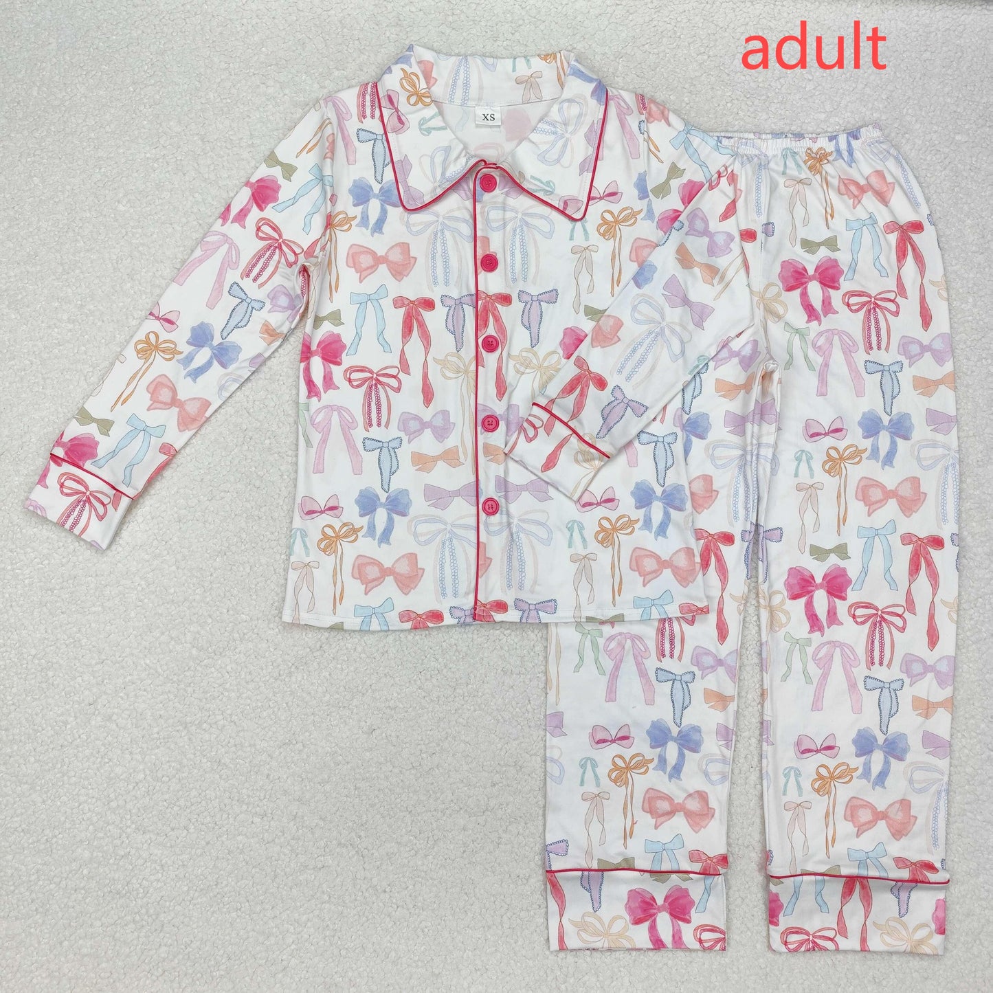 RTS NO MOQ ETA 5/7days arrived GLP2077 Adult female colorful bow pattern white long-sleeved trousers pajamas set