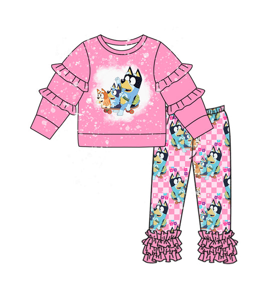 NO MOQ sales GLP2088 pre-order baby girls clothes cartoon dog pink long Sleeve pants Suit -2024.9.21