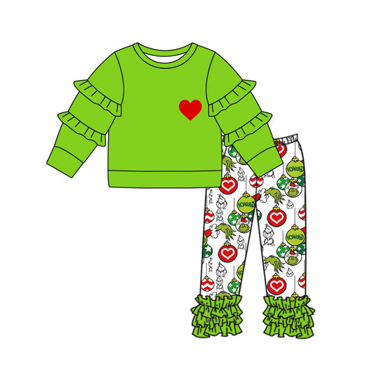 NO MOQ sales GLP2089 pre-order baby girls clothes Christmas green long Sleeve pants Suit -2024.9.21