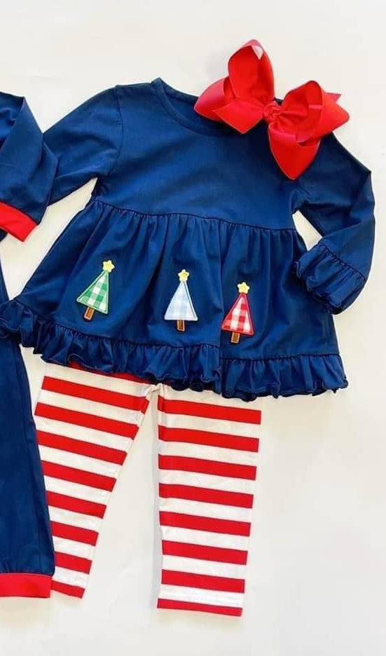 NO MOQ sales GLP2090 pre-order baby girls clothes Christmas navy blue long Sleeve pants Suit -2024.9.21