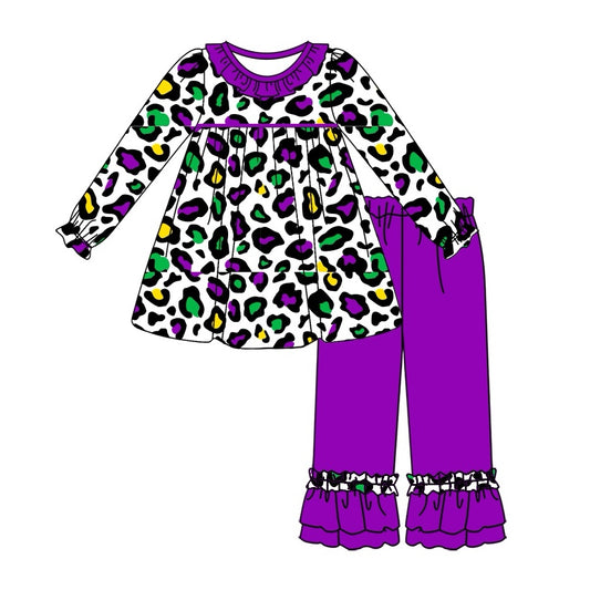 NO MOQ sales GLP2111 pre-order baby girls clothes leopard purple long Sleeve pants Suit -2024.9.25