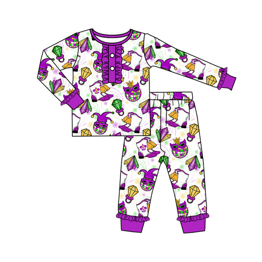 NO MOQ sales GLP2113 pre-order baby girls clothes MARDI GRAS purple long Sleeve pants Suit -2024.9.25