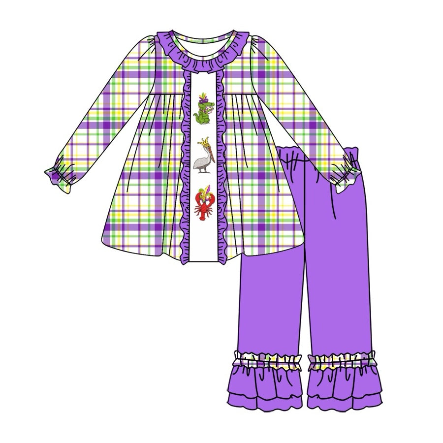 NO MOQ sales GLP2114 pre-order baby girls clothes MARDI GRAS purple long Sleeve pants Suit -2024.9.25