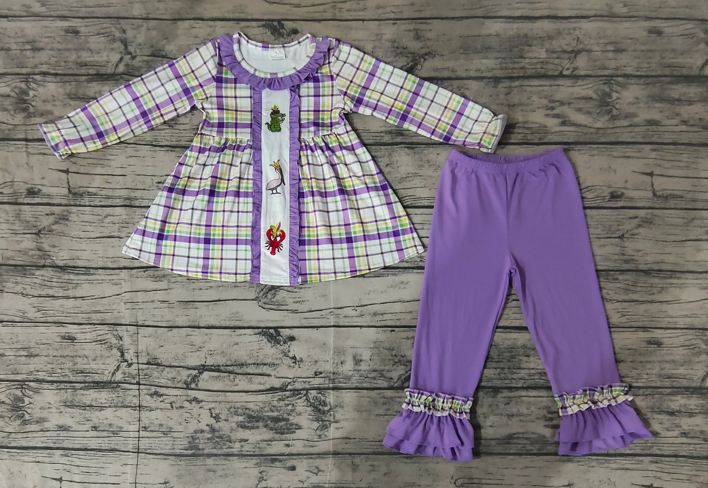 NO MOQ sales GLP2114 pre-order baby girls clothes MARDI GRAS purple long Sleeve pants Suit