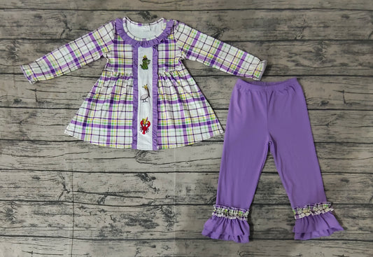 NO MOQ sales GLP2114 pre-order baby girls clothes MARDI GRAS purple long Sleeve pants Suit