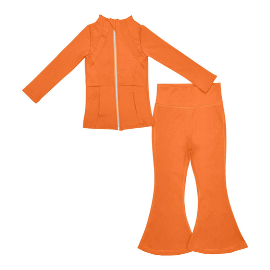 NO MOQ sales GLP2117 pre-order baby girls clothes orange Yoga Suit Zipper Long Sleeve Pants Set -2024.9.27