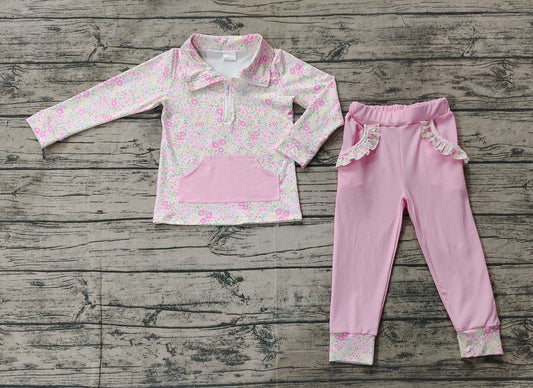 NO MOQ sales GLP2118 pre-order baby girls clothes floral pink long Sleeve pants Suit