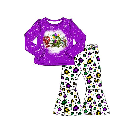 NO MOQ sales GLP2124 pre-order baby girls clothes Mardi gras purple long Sleeve pants Suit -2024.9.27