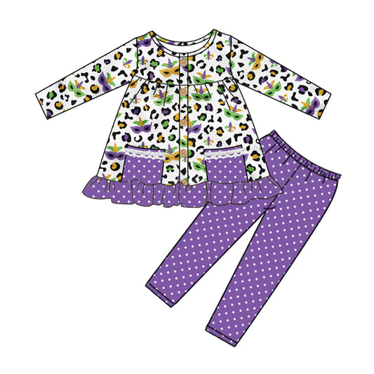 NO MOQ sales GLP2125 pre-order baby girls clothes leopard purple long Sleeve pants Suit -2024.9.27