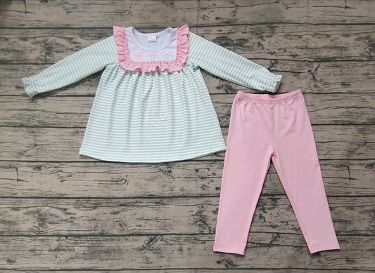 NO MOQ sales GLP2135 pre-order baby girls clothes embroidery bow pink long Sleeve pants Suit