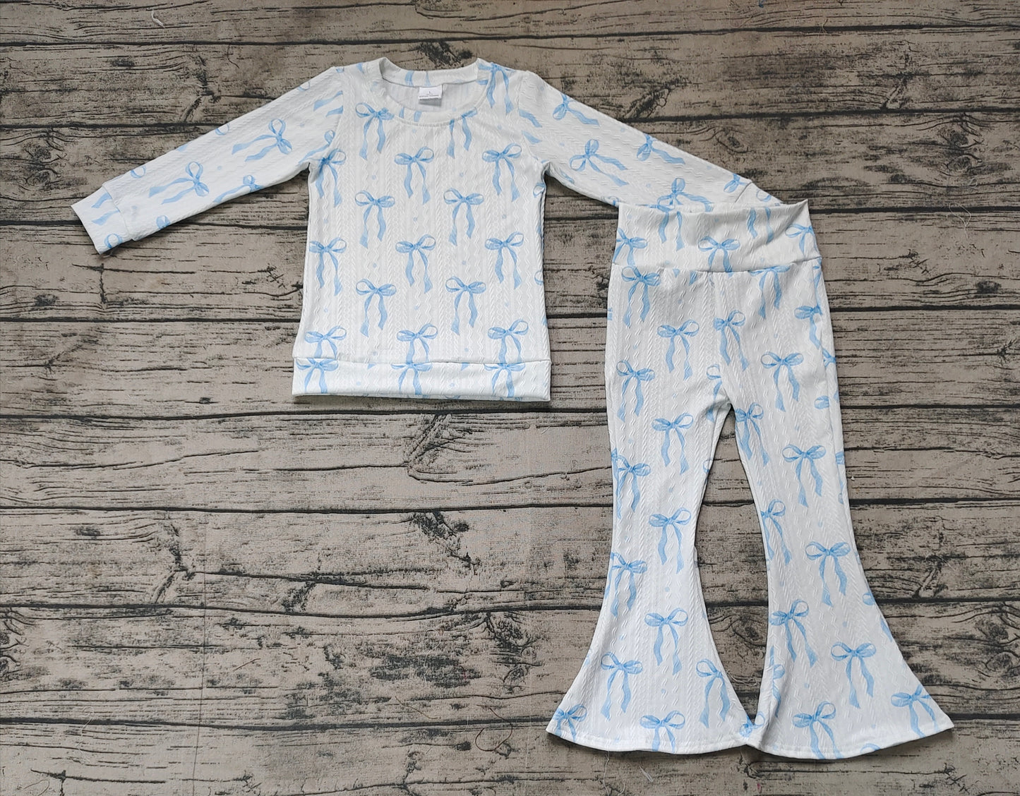 NO MOQ sales GLP2143 pre-order baby girls clothes bow blue long Sleeve pants Suit