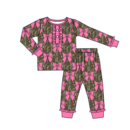 NO MOQ sales GLP2187 pre-order baby girls clothes camouflage pink bow long Sleeve pants Suit -2024.10.14