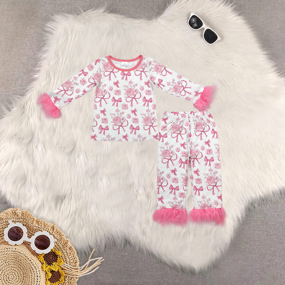 RTS NO MOQ Sibling Baby Girls Christmas Pink Plush Button Long Sleeve Long Pants Pajama Set