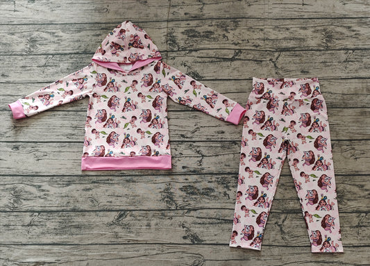 NO MOQ sales GLP2233 pre-order baby girls clothes catoon pink hooded long Sleeve pants Suit