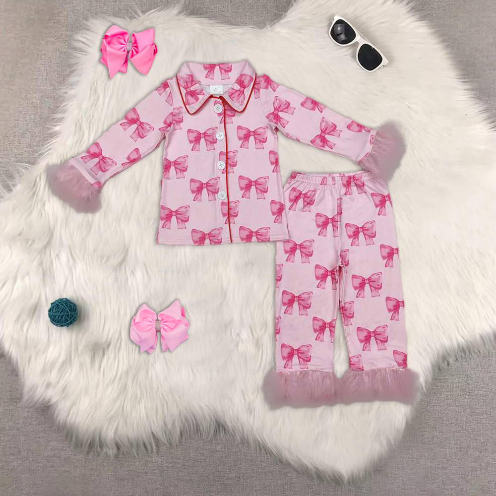 RTS NO MOQ Sibling Baby Girls Christmas Pink Plush Button Long Sleeve Long Pants Pajama Set