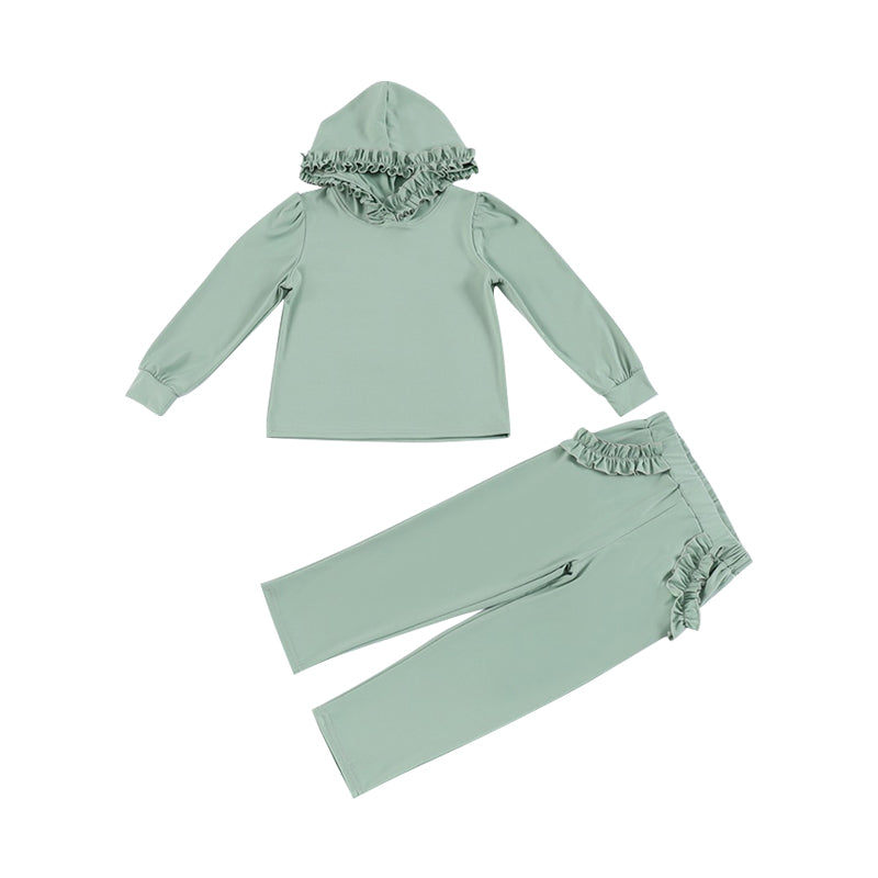 NO MOQ sales GLP2303 pre-order baby girl clothes solid color green hooded long Sleeve pants Suit -2024.12.7