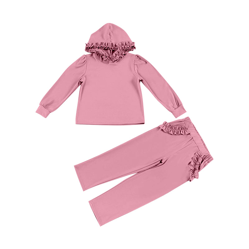 NO MOQ sales GLP2305 pre-order baby girl clothes solid color pink hooded long Sleeve pants Suit -2024.12.7