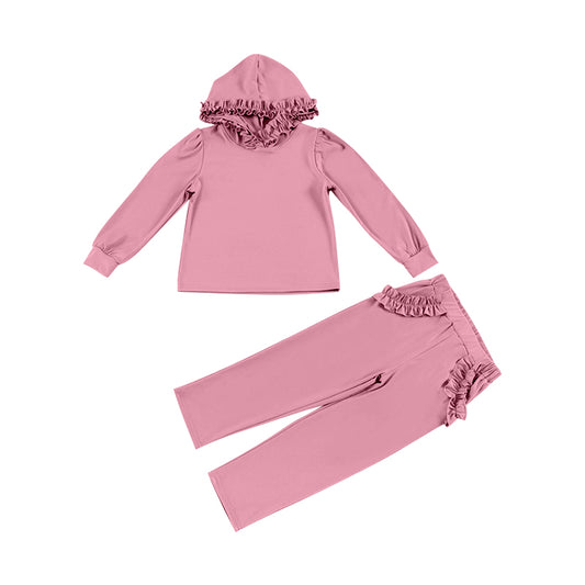 NO MOQ sales GLP2305 pre-order baby girl clothes solid color pink hooded long Sleeve pants Suit -2024.12.7