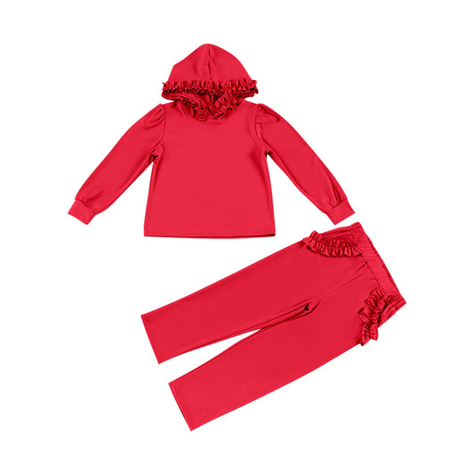 NO MOQ sales GLP2306 pre-order baby girl clothes solid color red hooded long Sleeve pants Suit -2024.12.7