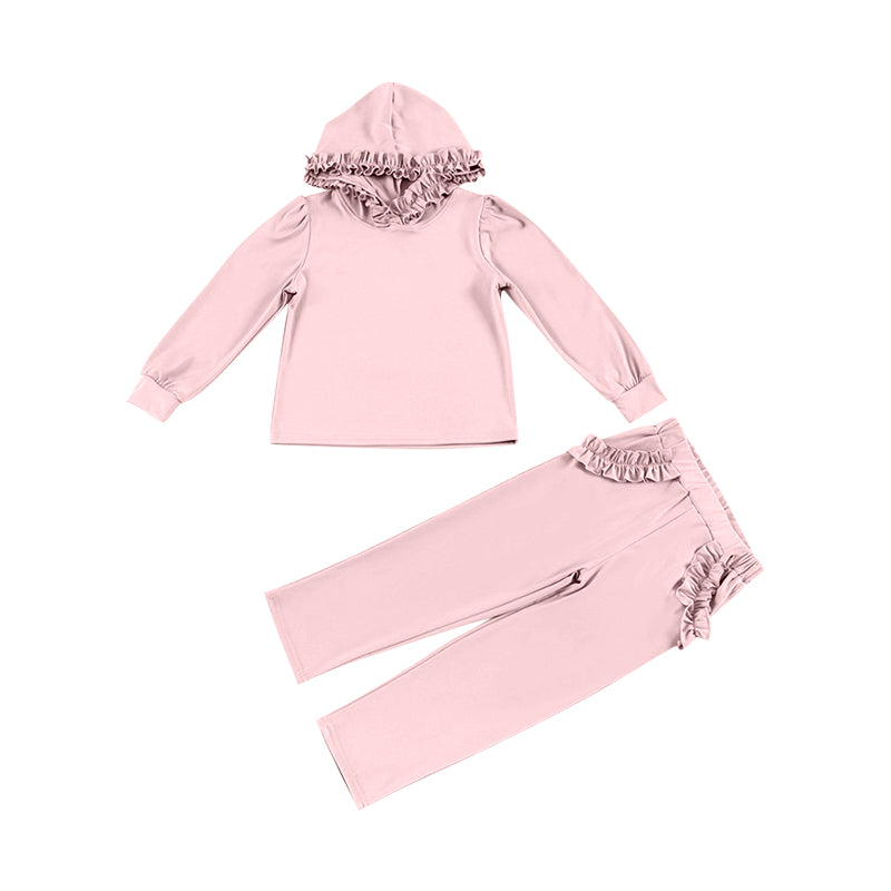 NO MOQ sales GLP2307 pre-order baby girl clothes solid color pink hooded long Sleeve pants Suit -2024.12.7