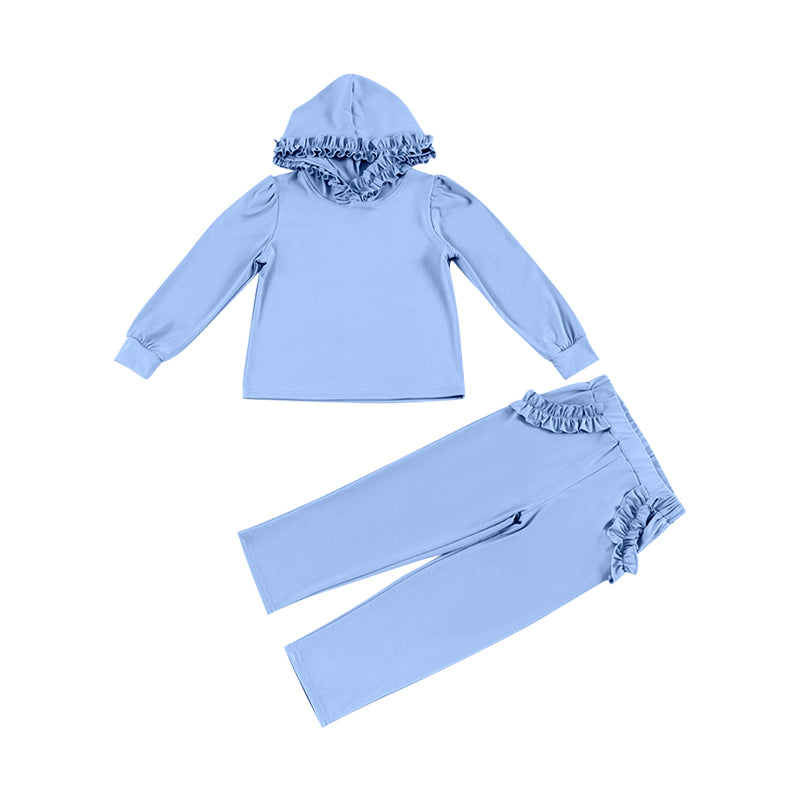 NO MOQ sales GLP2308 pre-order baby girl clothes solid color blue hooded long Sleeve pants Suit -2024.12.7