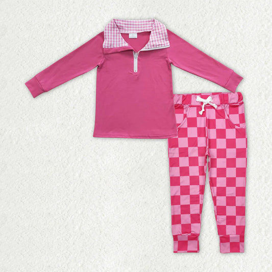 RTS NO MOQ Baby Girls Pink Checkered Pants And Pullovers Top Set Cute Outfit for Infants Baby Girl Clothes Set Pink Outfit