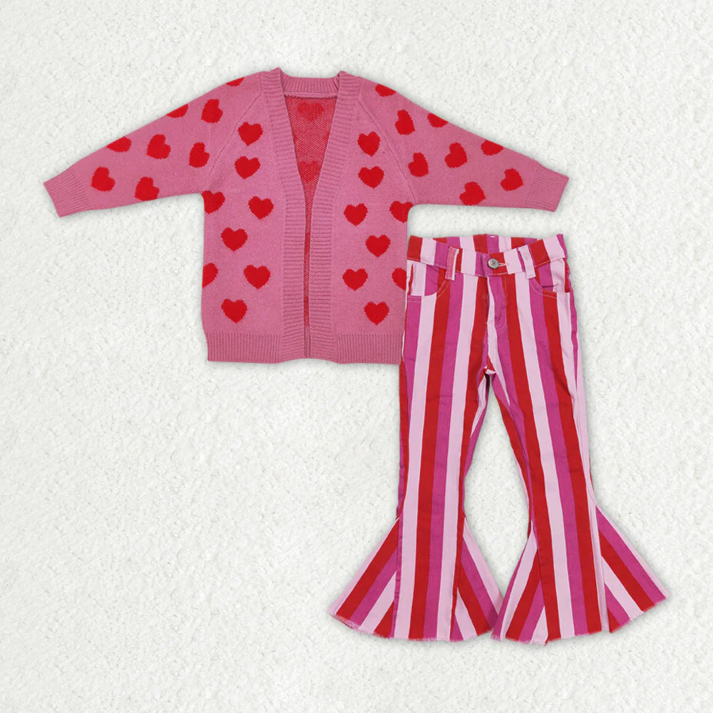 RTS NO MOQ Baby Girls 2pcs Valentines Hearts Cardigan Sweaters Pink Stripes Denim Pants Sets