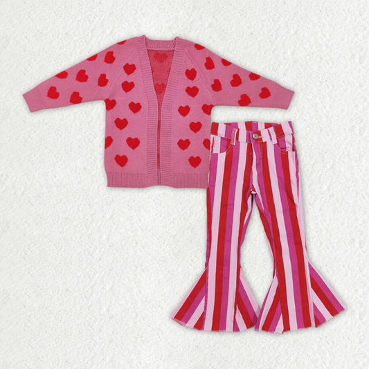RTS NO MOQ Baby Girls 2pcs Valentines Hearts Cardigan Sweaters Pink Stripes Denim Pants Sets