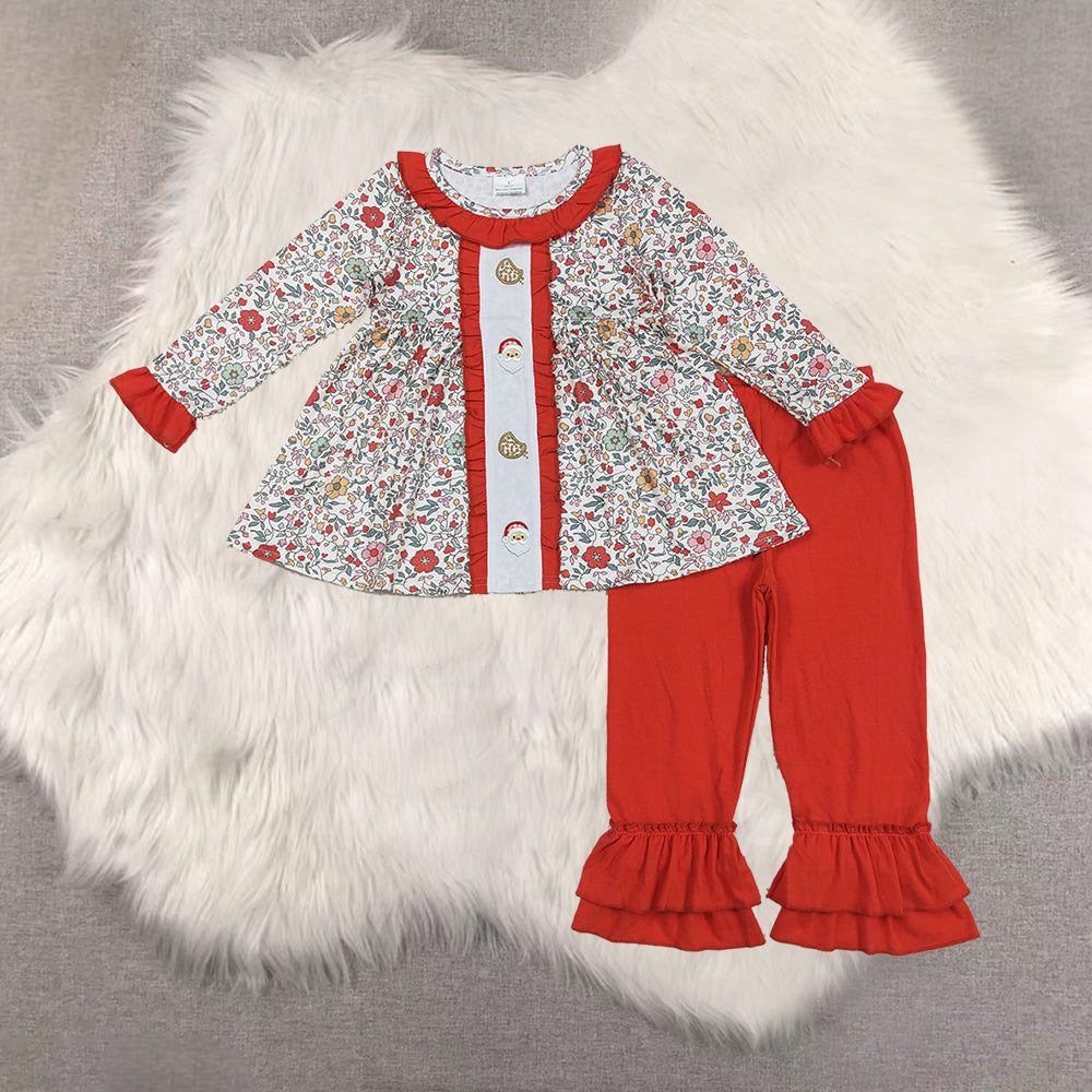 RTS NO MOQ Sibling baby girl clothes Red long-sleeved suit with wooden stripes and Christmas tree pattern