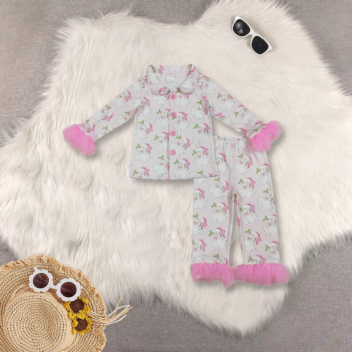 RTS NO MOQ Sibling Baby Girls clothes Christmas Plush Button Long Sleeve Long Pants Pajama Sets