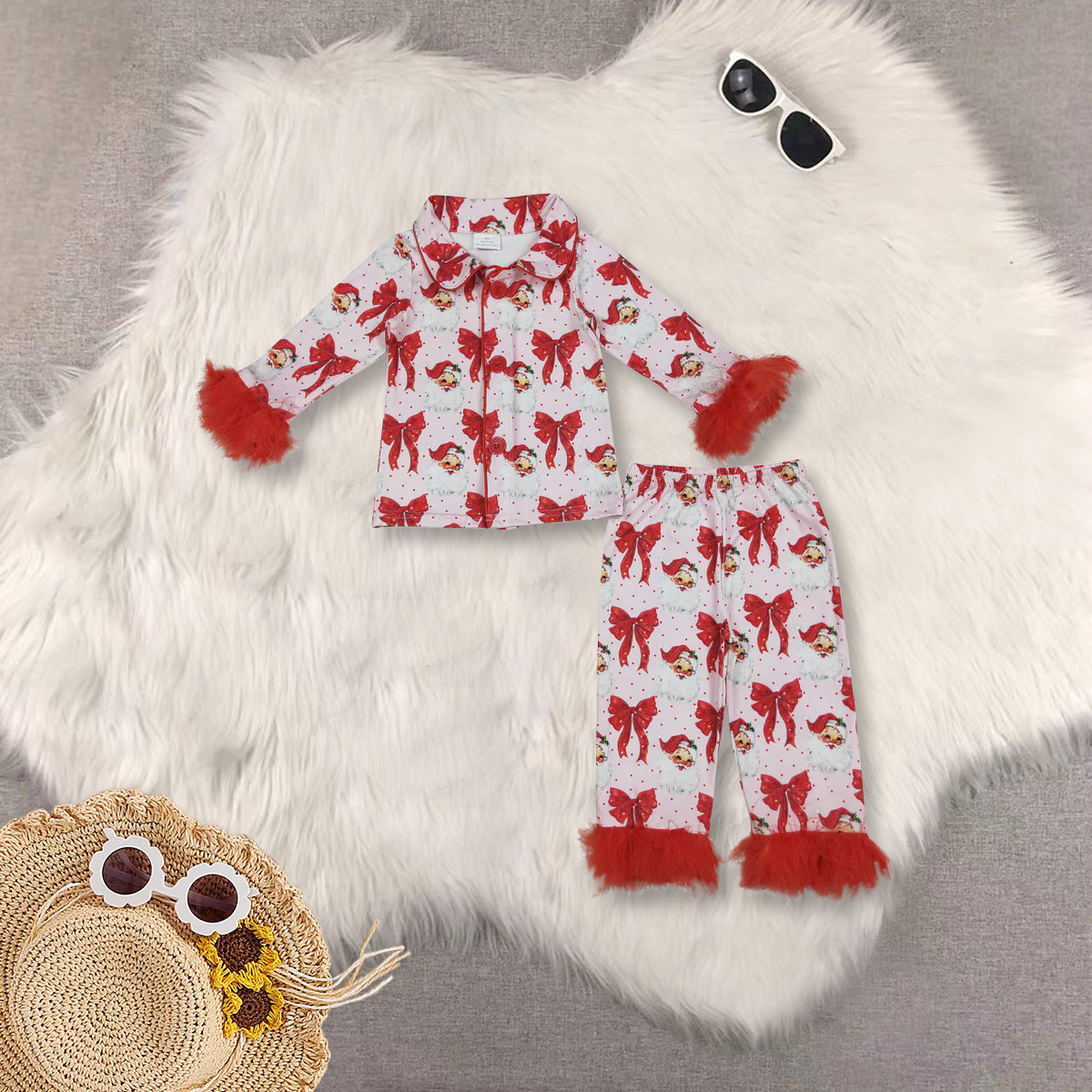 RTS NO MOQ Sibling Baby Girls clothes Christmas Plush Button Long Sleeve Long Pants Pajama Sets