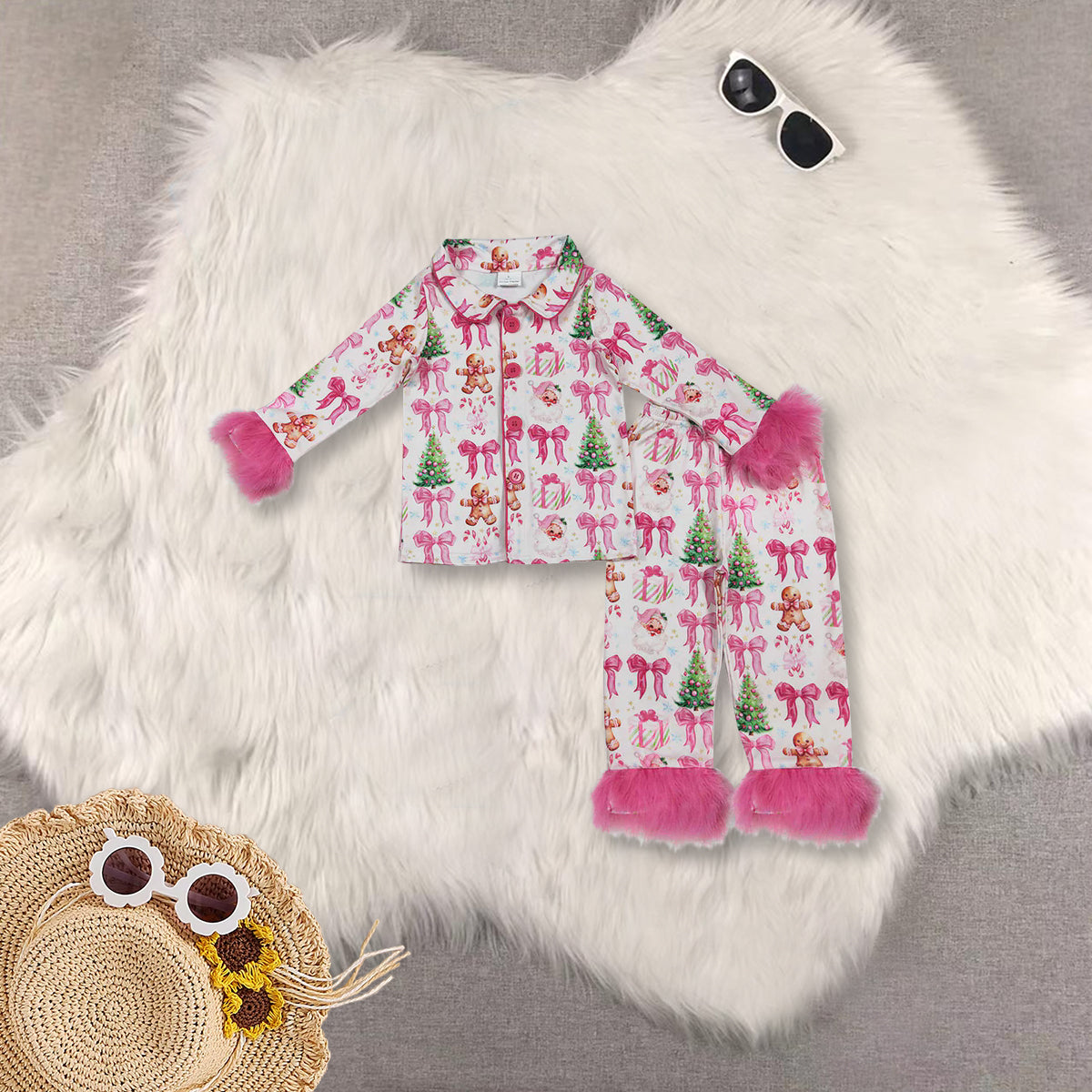 RTS NO MOQ Sibling Baby Girls clothes Christmas Plush Button Long Sleeve Long Pants Pajama Sets