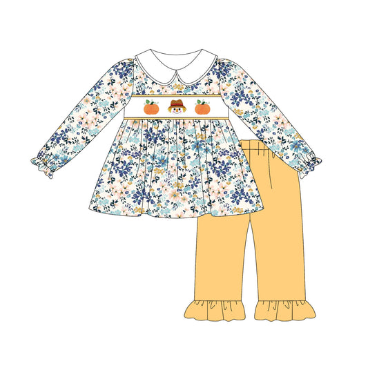 NO MOQ sales GLP2387 Pre-order  baby girls clothes pumpkin floral long sleeve pants sets-2025.5.22