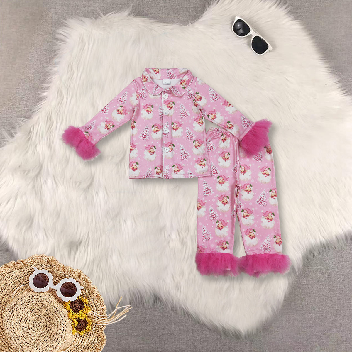 RTS NO MOQ Sibling Baby Girls clothes Christmas Plush Button Long Sleeve Long Pants Pajama Sets