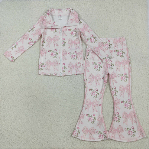RTS NO MOQ Baby Girls Pink Floral Bows Zippered Top And Bell Bottom Pants Yoga Set Cute Outfit for Infants