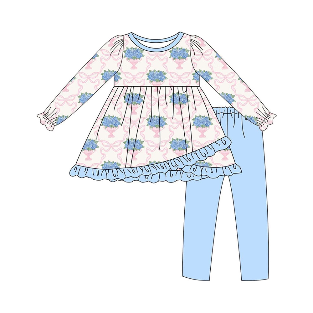 NO MOQ sales GLP2477 Pre-order baby girls clothes bow floral pink and blue long sleeve pants sets-2025.6.12