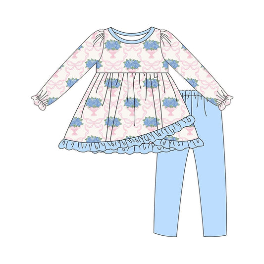 NO MOQ sales GLP2477 Pre-order baby girls clothes bow floral pink and blue long sleeve pants sets-2025.6.12