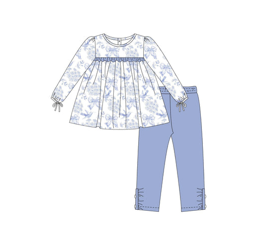 NO MOQ sales GLP2478 Pre-order baby girls clothes bow floral blue long sleeve pants sets-2025.6.12