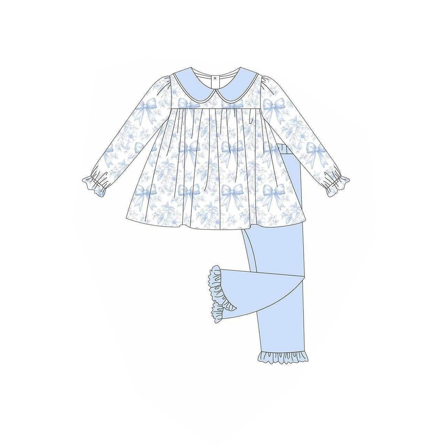 NO MOQ sales GLP2479 Pre-order baby girls clothes bow floral blue long sleeve pants sets-2025.6.12